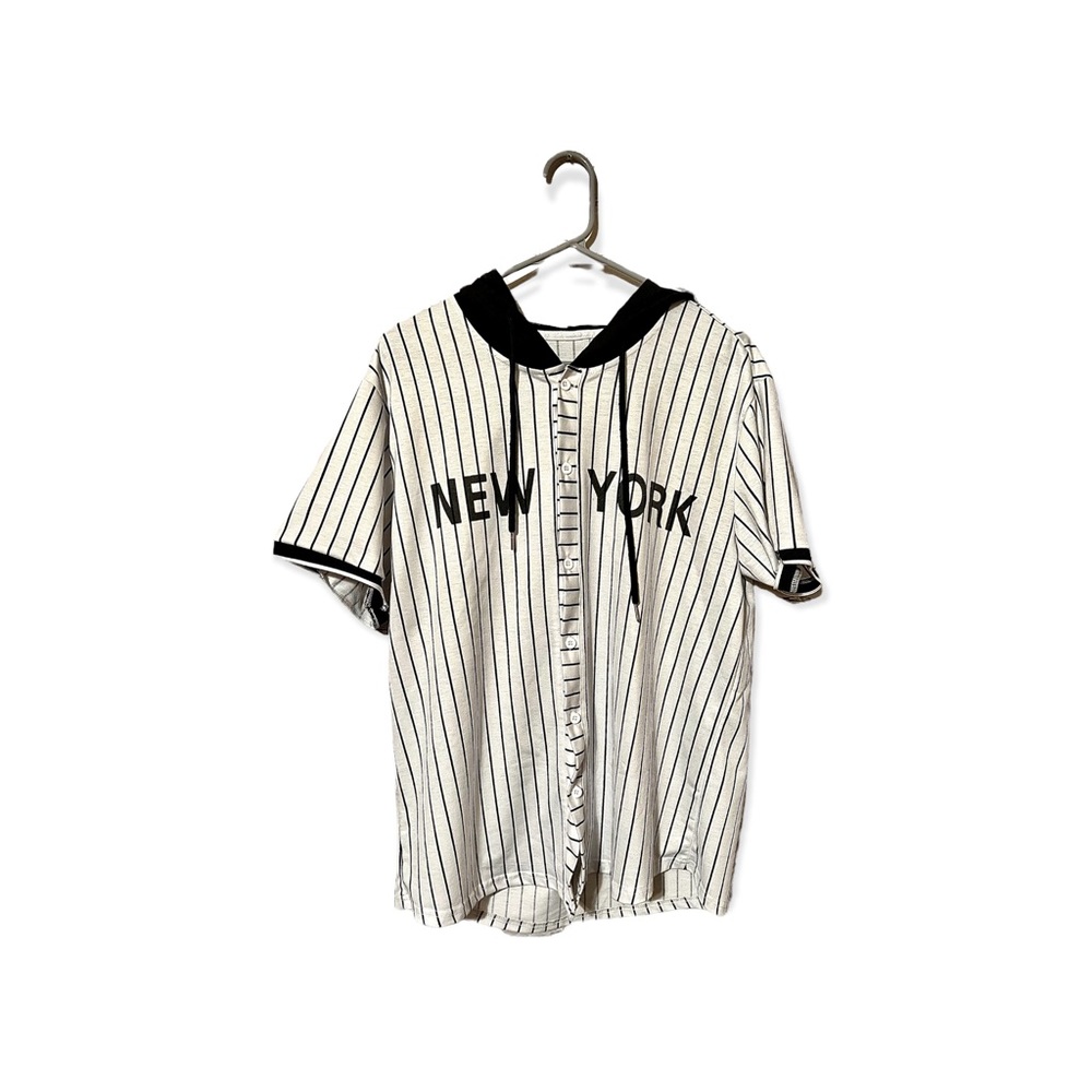 SHEIN White and Black Striped 'New York' Short Sleeve Hooded Baseball Shirt
